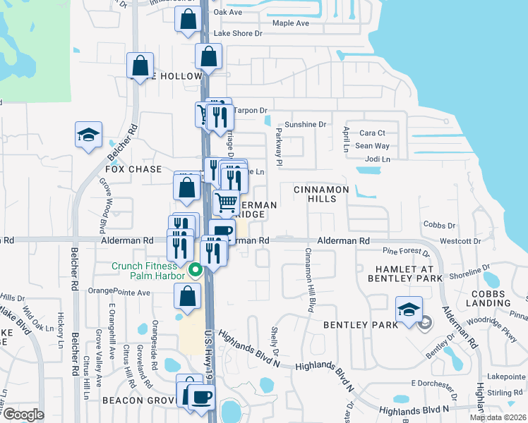 map of restaurants, bars, coffee shops, grocery stores, and more near 2757 Alderman Road in Palm Harbor