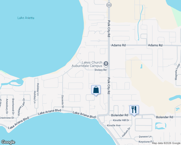 map of restaurants, bars, coffee shops, grocery stores, and more near 102 Evergreen Drive in Auburndale