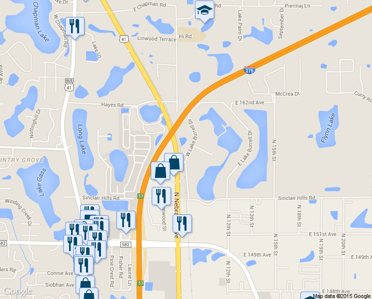 map of restaurants, bars, coffee shops, grocery stores, and more near 15906 West Lake Burrell Drive in Lutz