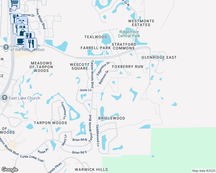map of restaurants, bars, coffee shops, grocery stores, and more near 5488 Oakridge Drive in Palm Harbor