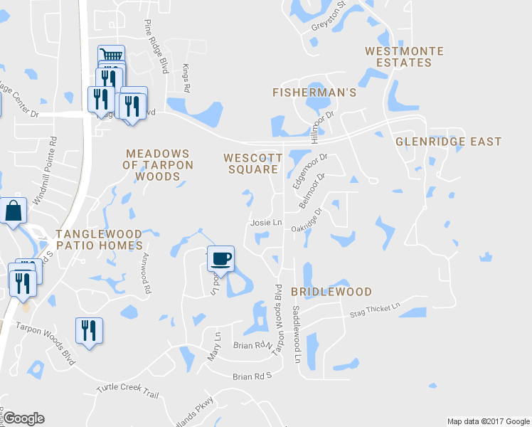 map of restaurants, bars, coffee shops, grocery stores, and more near 2934 Windmoor Drive South in Palm Harbor