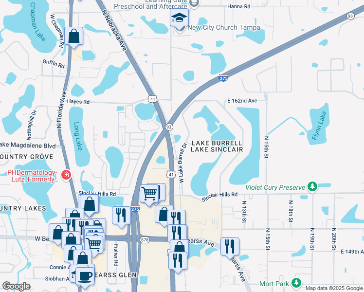 map of restaurants, bars, coffee shops, grocery stores, and more near 15906 West Lake Burrell Drive in Lutz