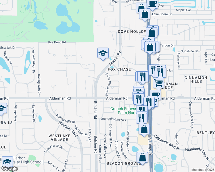 map of restaurants, bars, coffee shops, grocery stores, and more near 28e Corbin Place in Palm Harbor