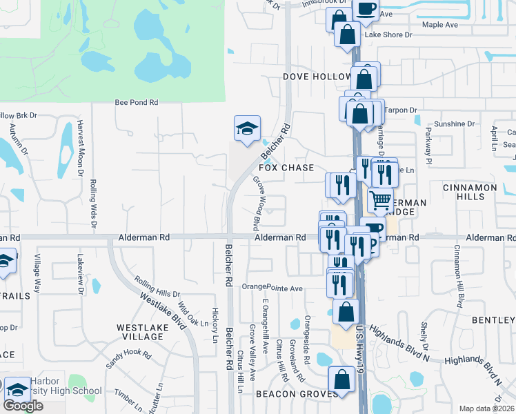 map of restaurants, bars, coffee shops, grocery stores, and more near 28e Corbin Place in Palm Harbor