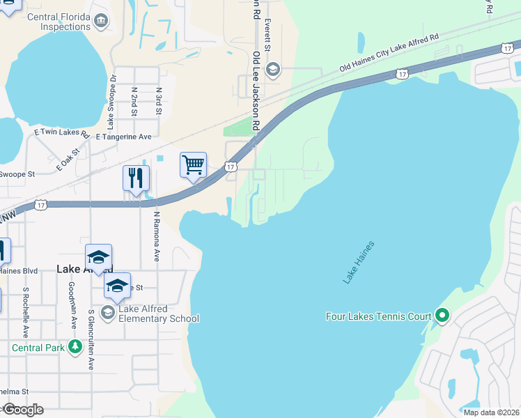 map of restaurants, bars, coffee shops, grocery stores, and more near 24 East Lane in Lake Alfred