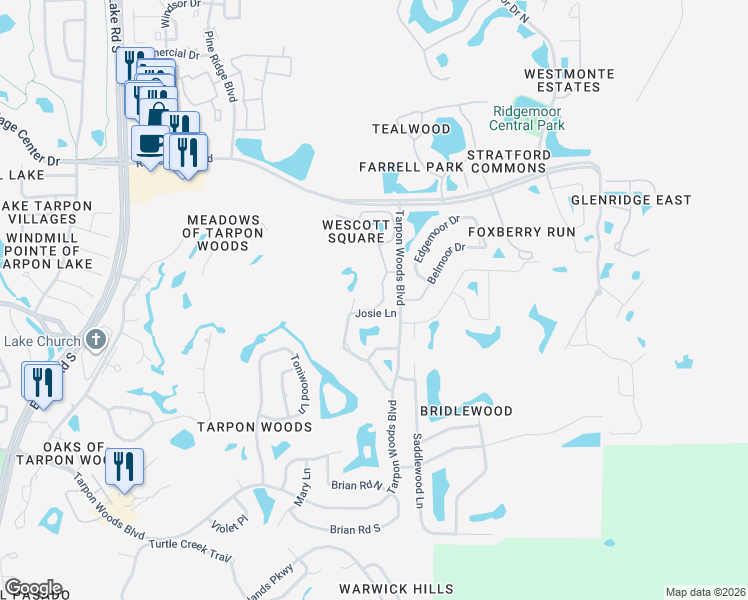 map of restaurants, bars, coffee shops, grocery stores, and more near 2934 Windmoor Drive South in Palm Harbor
