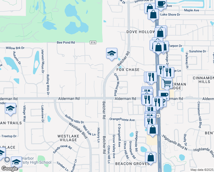 map of restaurants, bars, coffee shops, grocery stores, and more near 2120 Corbin Place in Palm Harbor