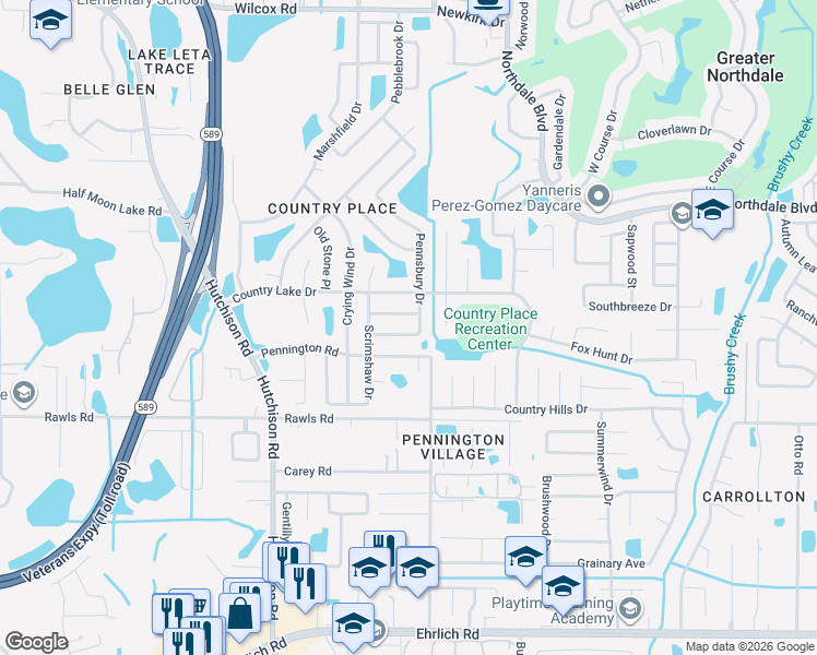 map of restaurants, bars, coffee shops, grocery stores, and more near 5103 Pennsbury Drive in Tampa