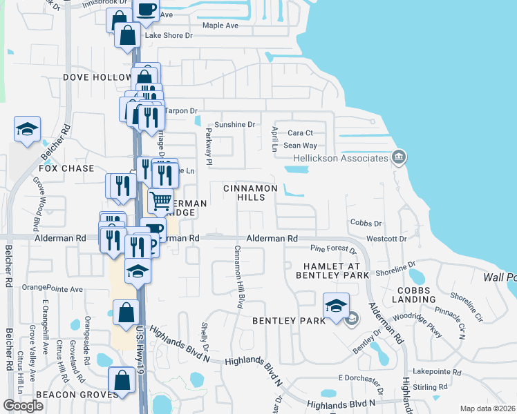map of restaurants, bars, coffee shops, grocery stores, and more near 2877 Honey Bear Court in Palm Harbor