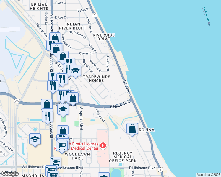 map of restaurants, bars, coffee shops, grocery stores, and more near 901 Hickory Street in Melbourne