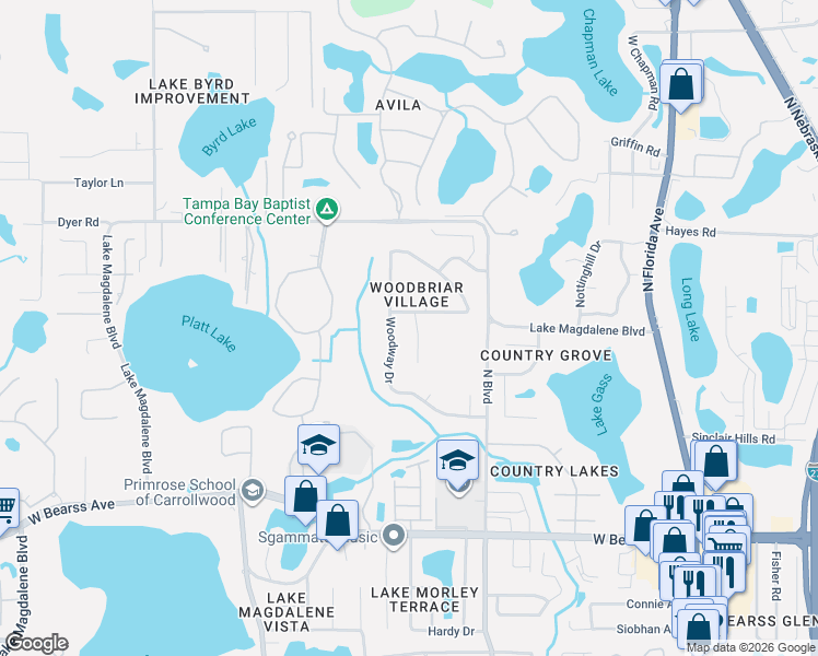 map of restaurants, bars, coffee shops, grocery stores, and more near 15540 Woodway Drive in Tampa