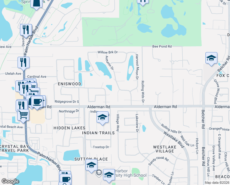 map of restaurants, bars, coffee shops, grocery stores, and more near 2860 Briarwood Lane in Palm Harbor