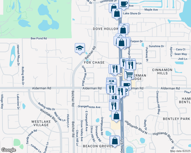 map of restaurants, bars, coffee shops, grocery stores, and more near 2270 Alden Lane in Palm Harbor