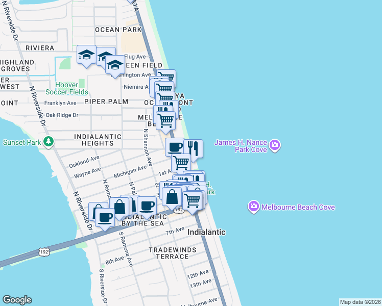 map of restaurants, bars, coffee shops, grocery stores, and more near 505 North Miramar Avenue in Indialantic