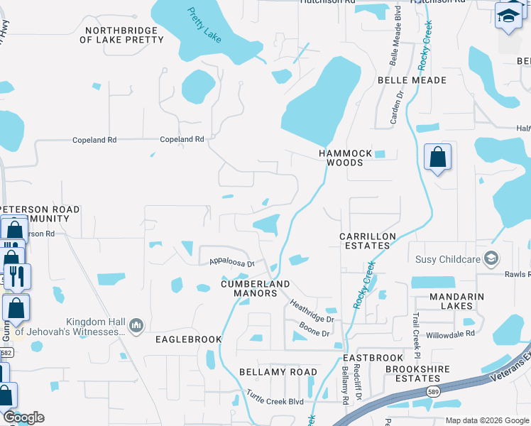 map of restaurants, bars, coffee shops, grocery stores, and more near 15401 Heathridge Drive in Tampa