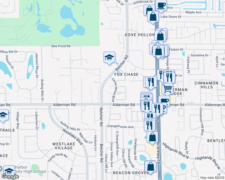 map of restaurants, bars, coffee shops, grocery stores, and more near 28e Corbin Place in Palm Harbor