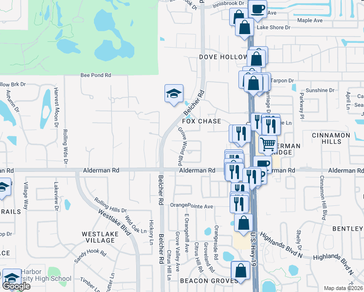 map of restaurants, bars, coffee shops, grocery stores, and more near 2945 Grovewood Boulevard in Palm Harbor