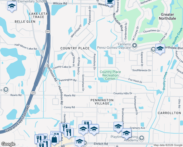map of restaurants, bars, coffee shops, grocery stores, and more near 5103 Pennsbury Drive in Tampa