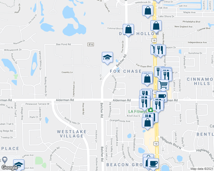 map of restaurants, bars, coffee shops, grocery stores, and more near 2120 Corbin Place in Palm Harbor