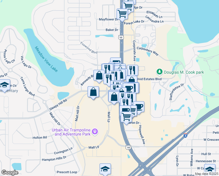 map of restaurants, bars, coffee shops, grocery stores, and more near 4000 Sleepy Hill Road in Lakeland