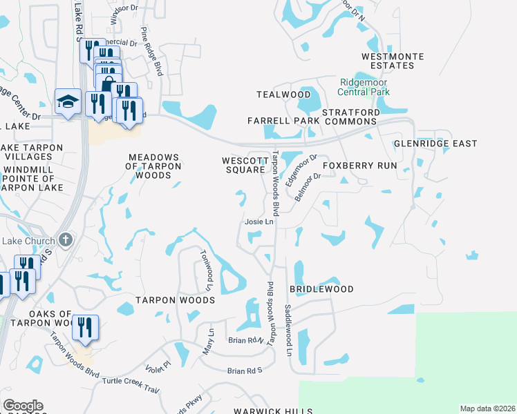 map of restaurants, bars, coffee shops, grocery stores, and more near 2957 Windmoor Drive South in Palm Harbor