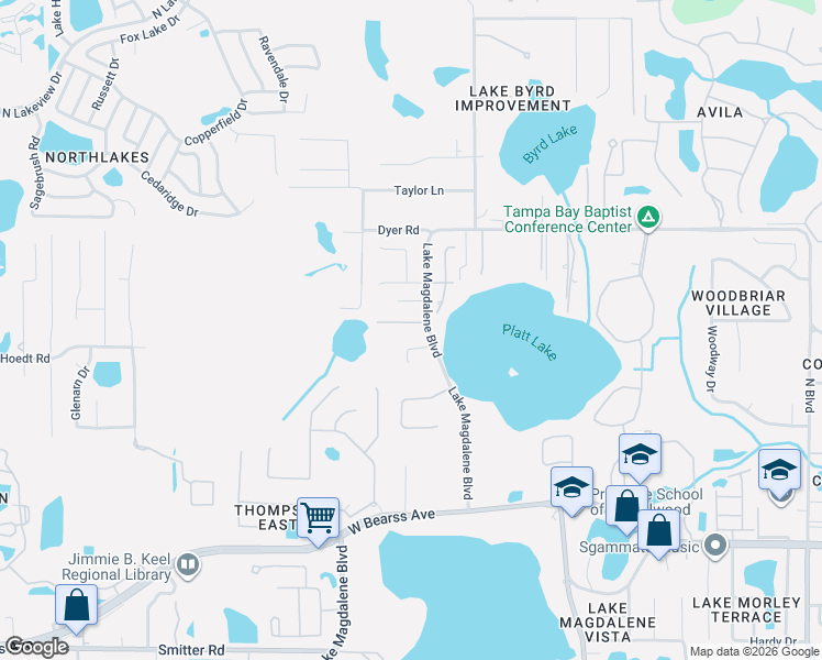 map of restaurants, bars, coffee shops, grocery stores, and more near 1905 Lake Platt Lane in Tampa
