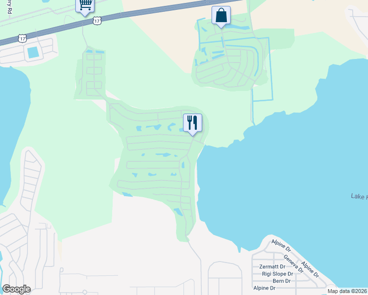 map of restaurants, bars, coffee shops, grocery stores, and more near 486 Putter Circle in Winter Haven