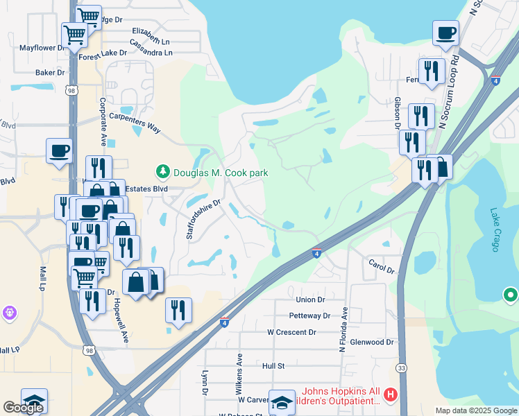 map of restaurants, bars, coffee shops, grocery stores, and more near 503 Carpenters Way in Lakeland