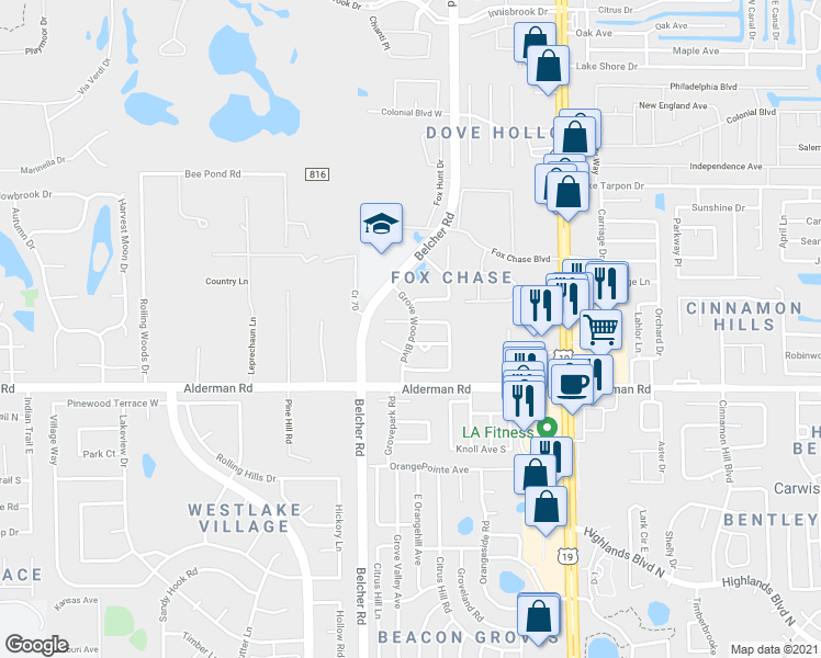 map of restaurants, bars, coffee shops, grocery stores, and more near 28e Corbin Place in Palm Harbor