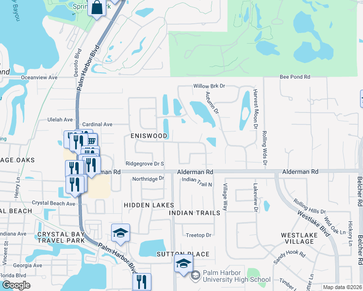 map of restaurants, bars, coffee shops, grocery stores, and more near 2964 Bridlewood Drive in Palm Harbor
