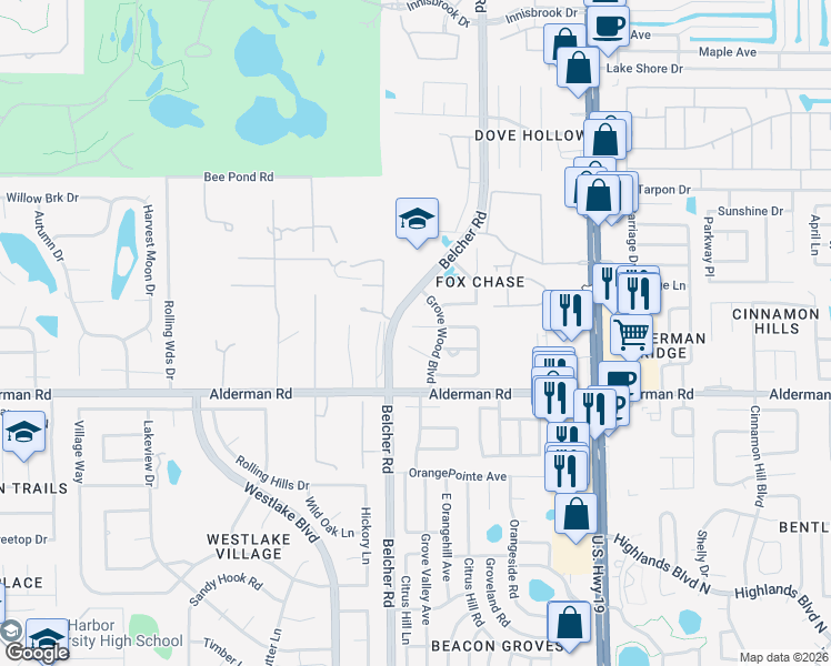 map of restaurants, bars, coffee shops, grocery stores, and more near 2150 Bancroft Circle North in Palm Harbor