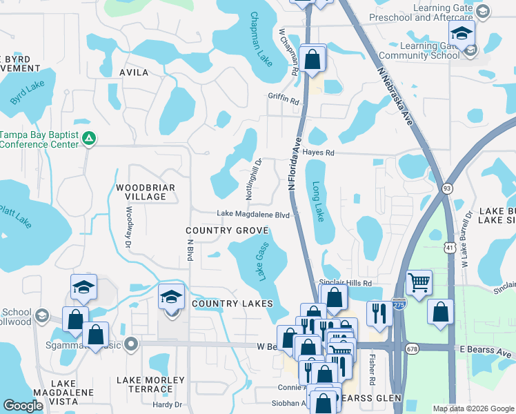 map of restaurants, bars, coffee shops, grocery stores, and more near 16219 Lake Magdalene Boulevard in Tampa