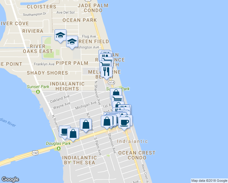 map of restaurants, bars, coffee shops, grocery stores, and more near 511 North Highway A1A in Indialantic