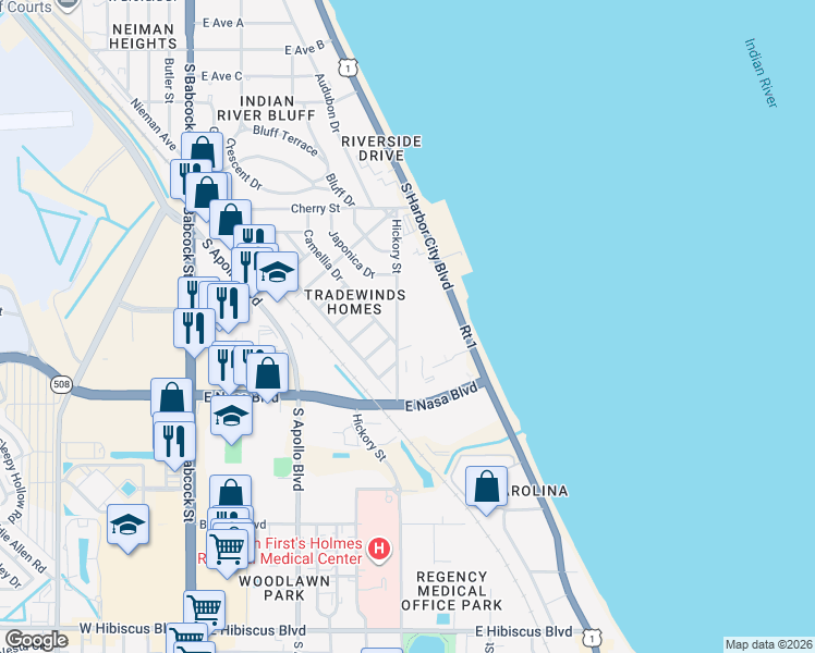 map of restaurants, bars, coffee shops, grocery stores, and more near 837 Hickory Street in Melbourne