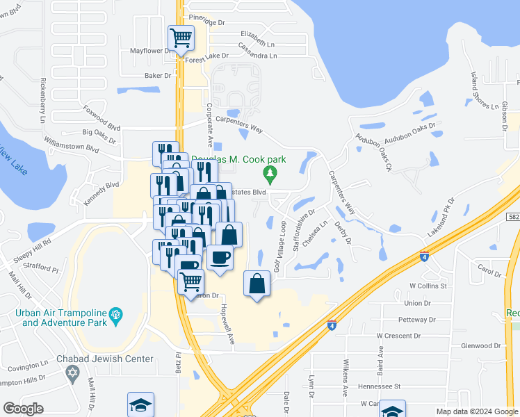 map of restaurants, bars, coffee shops, grocery stores, and more near 940 Fenton Lane in Lakeland