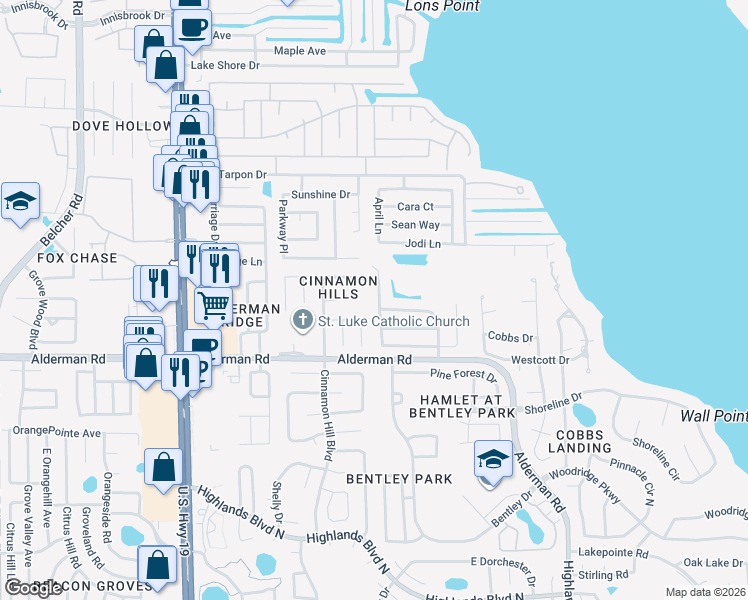 map of restaurants, bars, coffee shops, grocery stores, and more near 3049 Windridge Oaks Drive in Palm Harbor