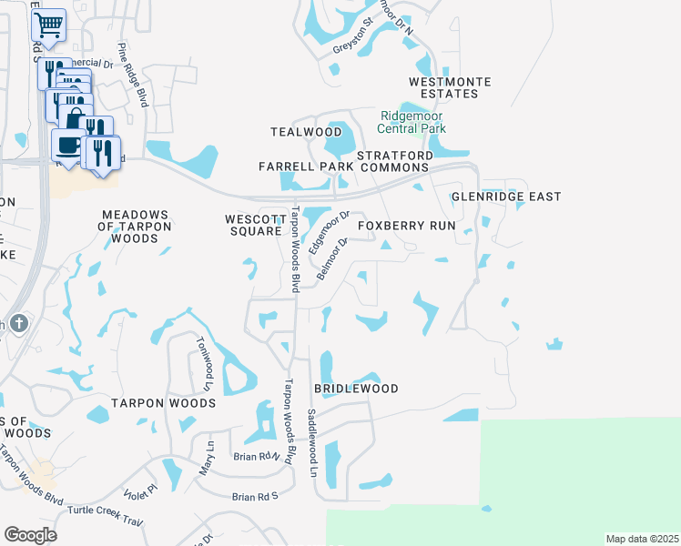 map of restaurants, bars, coffee shops, grocery stores, and more near 5509 Oakridge Drive in Palm Harbor