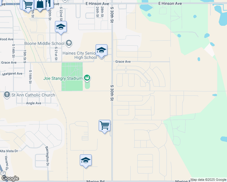 map of restaurants, bars, coffee shops, grocery stores, and more near 3113 Robinson Drive in Haines City
