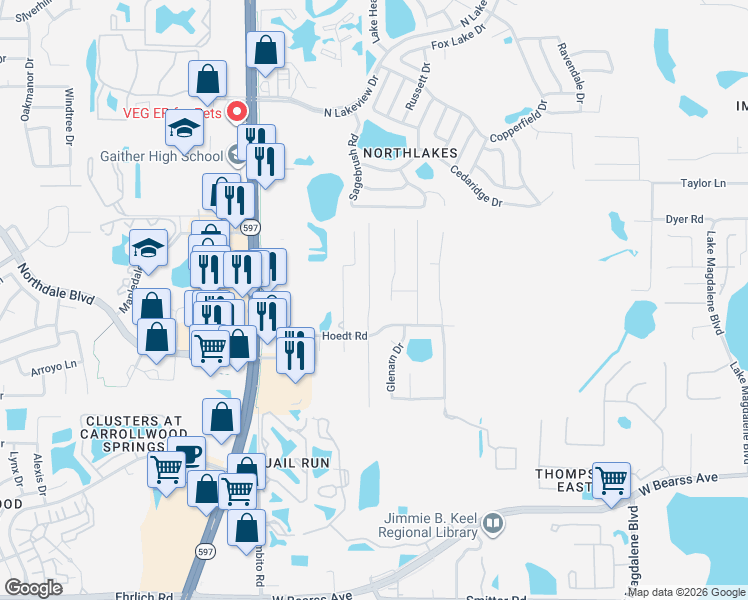 map of restaurants, bars, coffee shops, grocery stores, and more near 15621 North Himes Avenue in Tampa