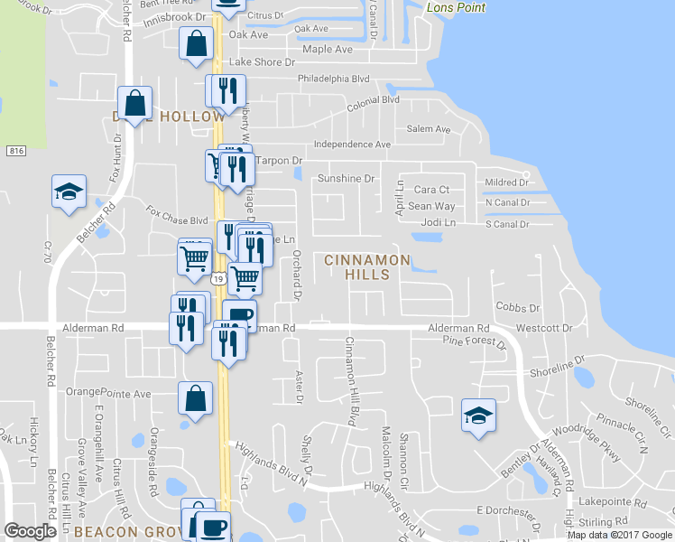 map of restaurants, bars, coffee shops, grocery stores, and more near 3075 Hanna Court in Palm Harbor