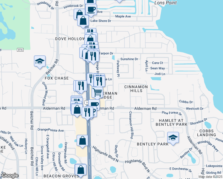 map of restaurants, bars, coffee shops, grocery stores, and more near 3008 Sugar Bear Trail in Palm Harbor