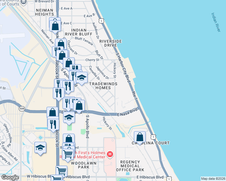 map of restaurants, bars, coffee shops, grocery stores, and more near 825 Camelia Court in Melbourne