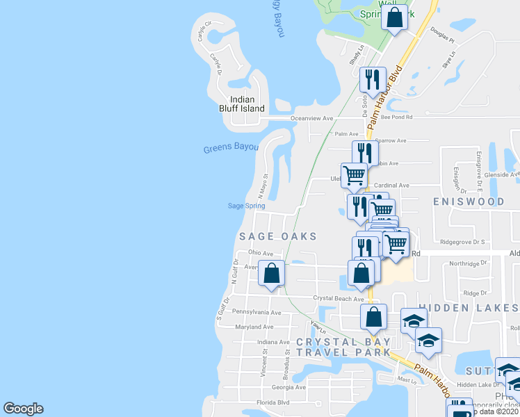 map of restaurants, bars, coffee shops, grocery stores, and more near 600 North Mayo Street in Palm Harbor