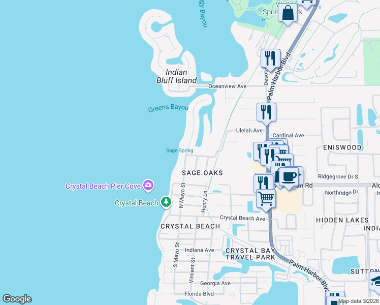 map of restaurants, bars, coffee shops, grocery stores, and more near 600 North Mayo Street in Palm Harbor