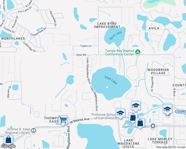 map of restaurants, bars, coffee shops, grocery stores, and more near 15203 Leith Walk Lane in Tampa