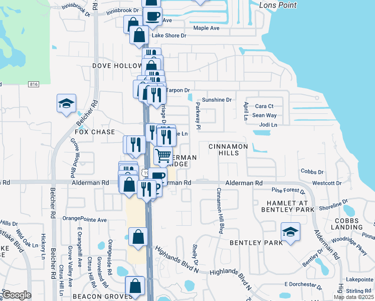 map of restaurants, bars, coffee shops, grocery stores, and more near 3008 Sugar Bear Trail in Palm Harbor