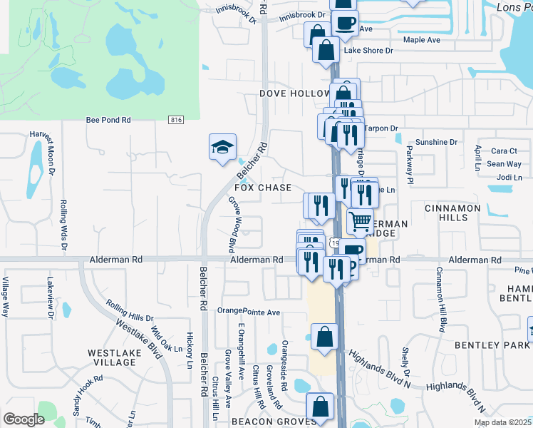 map of restaurants, bars, coffee shops, grocery stores, and more near 3054E Beecher Drive East in Palm Harbor