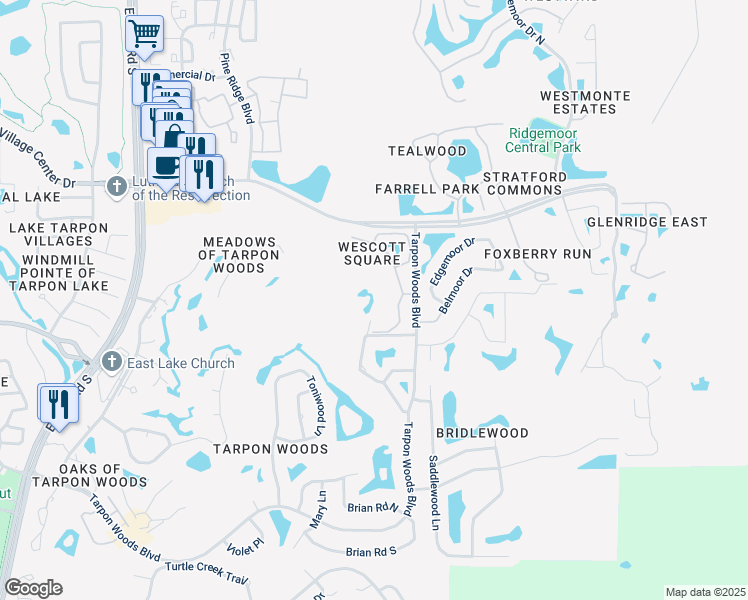 map of restaurants, bars, coffee shops, grocery stores, and more near 3022 Windmoor Drive North in Palm Harbor