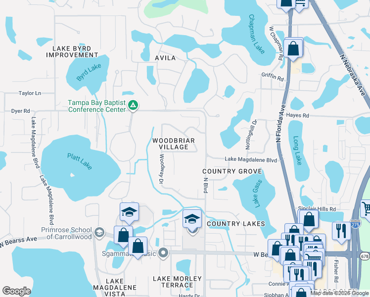 map of restaurants, bars, coffee shops, grocery stores, and more near 15605 Woodshire Place in Tampa