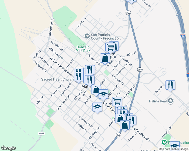 map of restaurants, bars, coffee shops, grocery stores, and more near 106 West Fulton Street in Mathis
